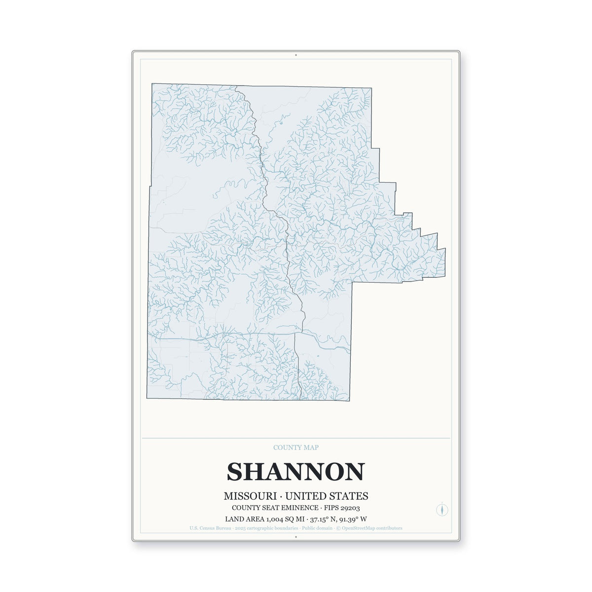 Shannon County, Missouri Map Aluminum Sign in Gallery Air style