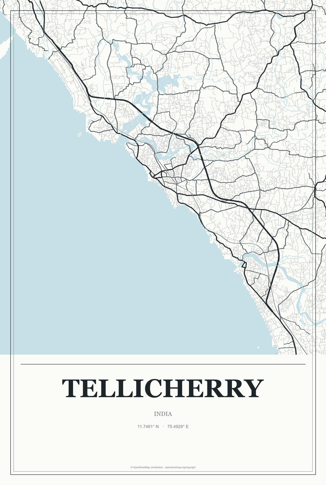 Tellicherry, India City Map Aluminum Sign in Gallery Air style