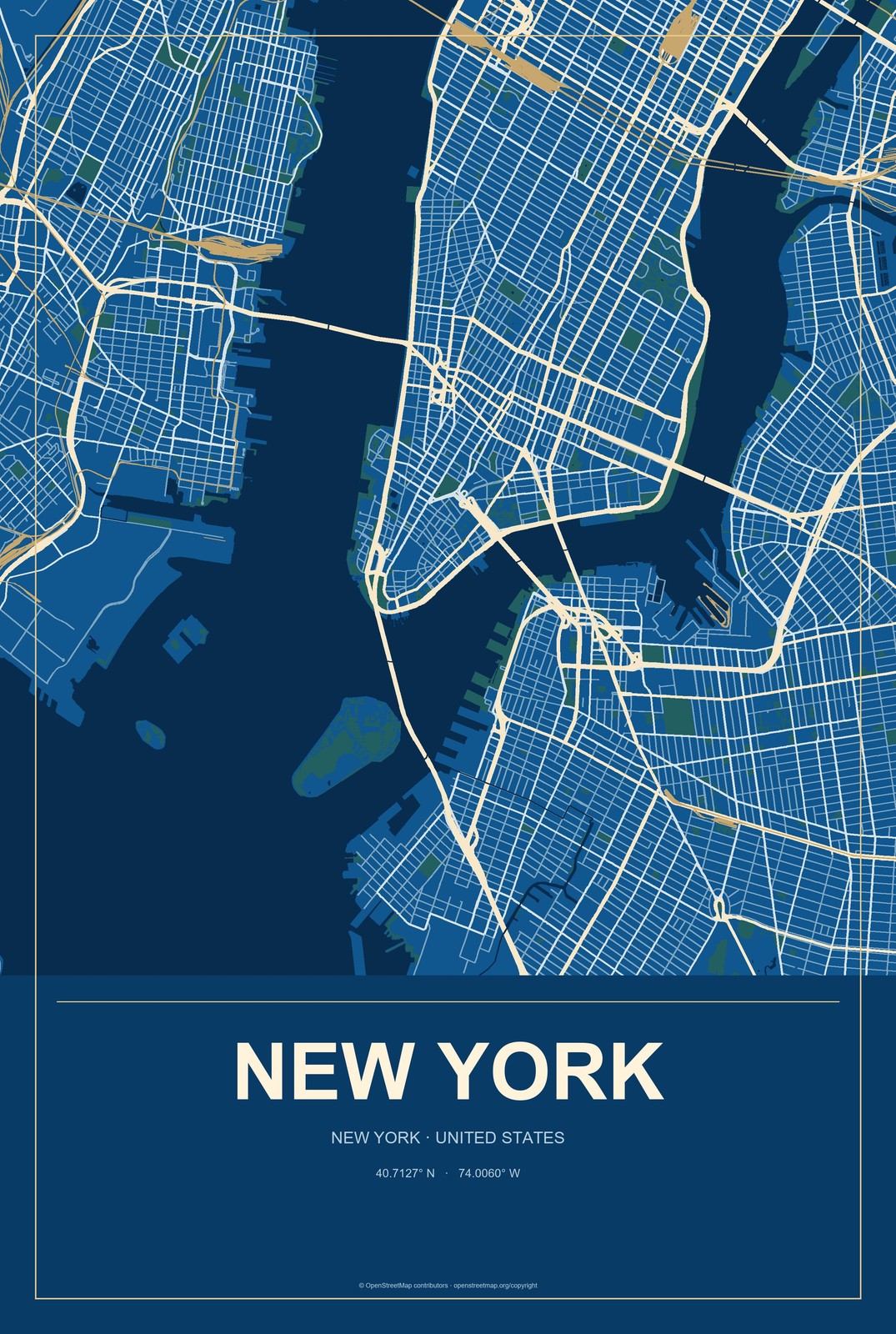 New York, New York City Map Aluminum Sign in Harbor Cobalt style
