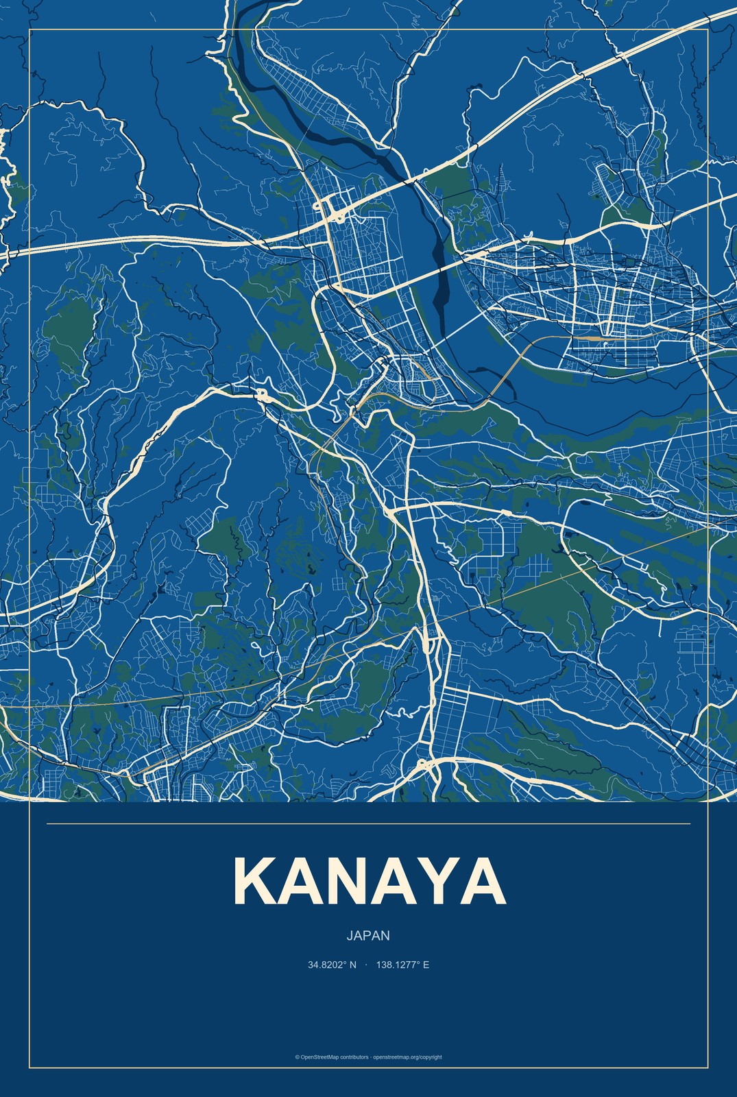 Kanaya, Japan City Map Aluminum Sign in Harbor Cobalt style