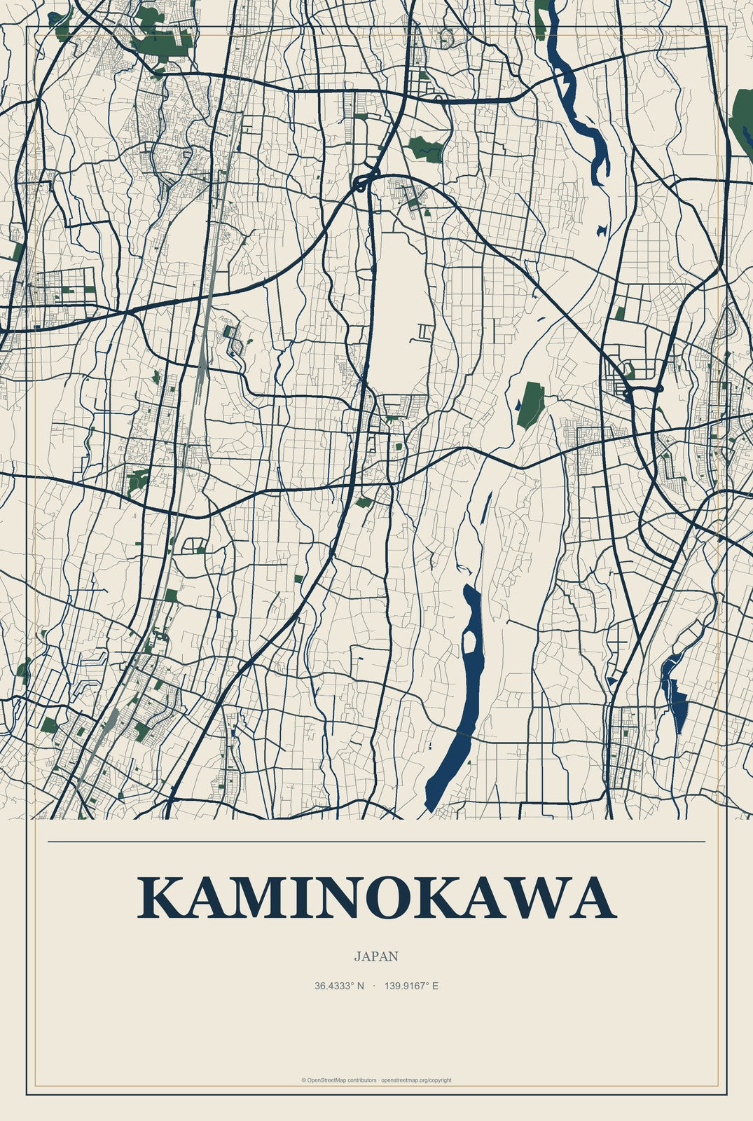 Kaminokawa, Japan City Map Aluminum Sign in Coastal Cutout style