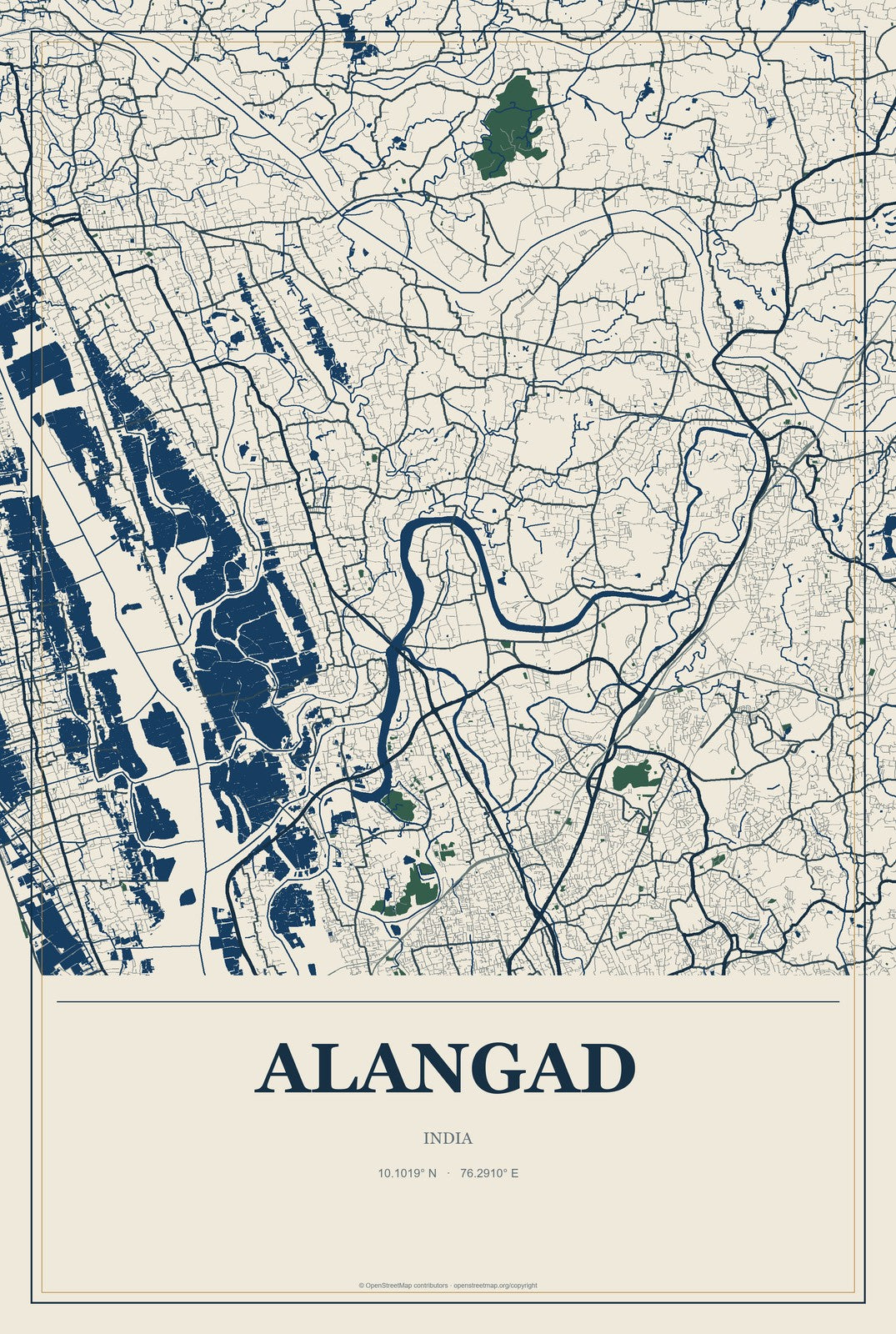 Alangad, India City Map Aluminum Sign in Coastal Cutout style