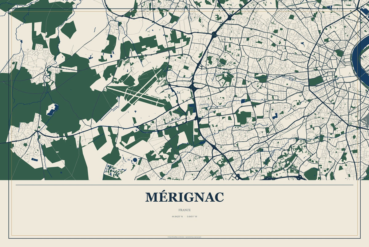 Mérignac, France City Map Aluminum Sign in Coastal Cutout style