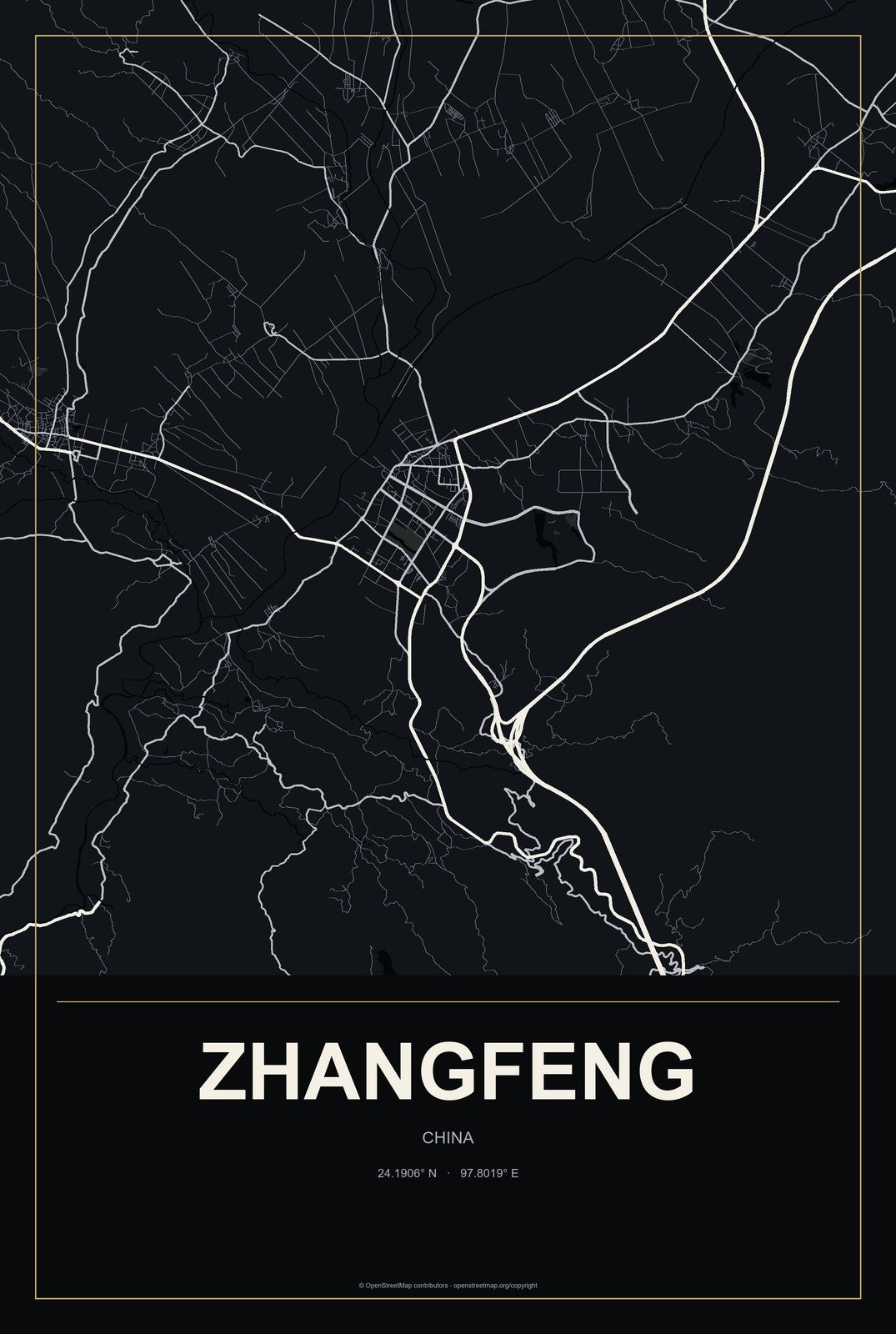 Zhangfeng, China City Map Aluminum Sign in Metropolitan Noir style