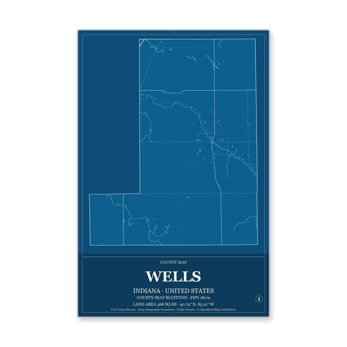 Wells County, Indiana Map Aluminum Sign in Harbor Cobalt style