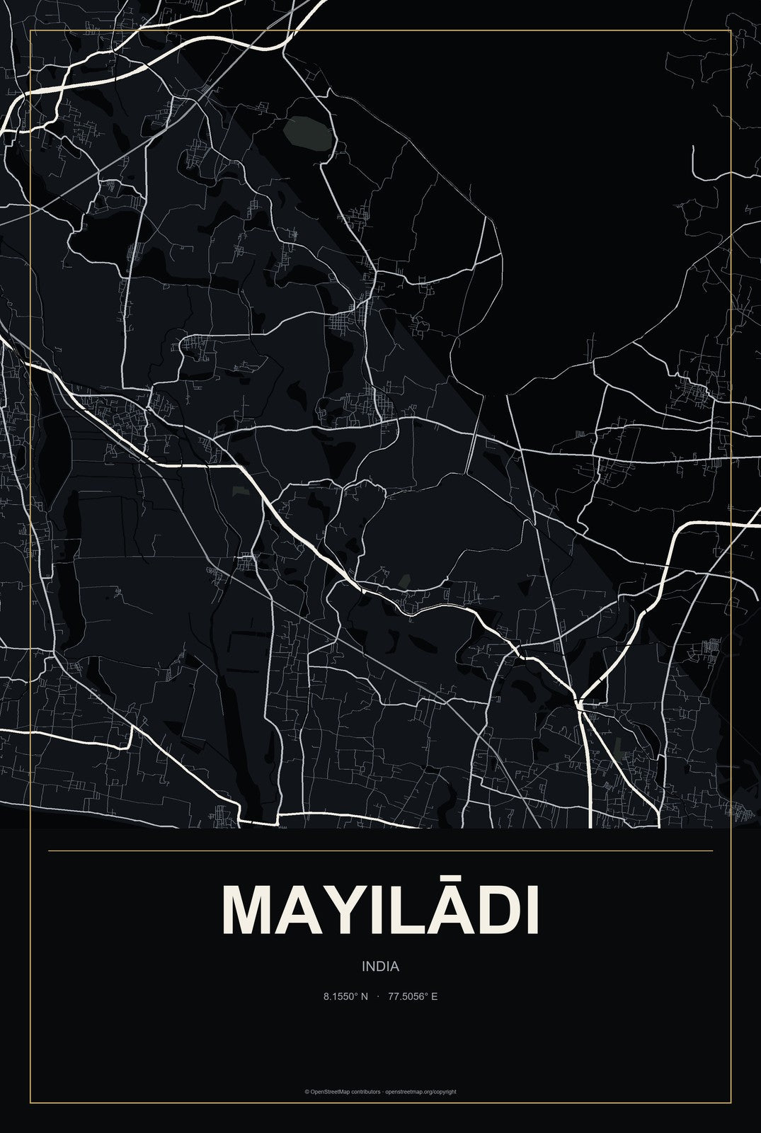 Mayilādi, India City Map Aluminum Sign in Metropolitan Noir style