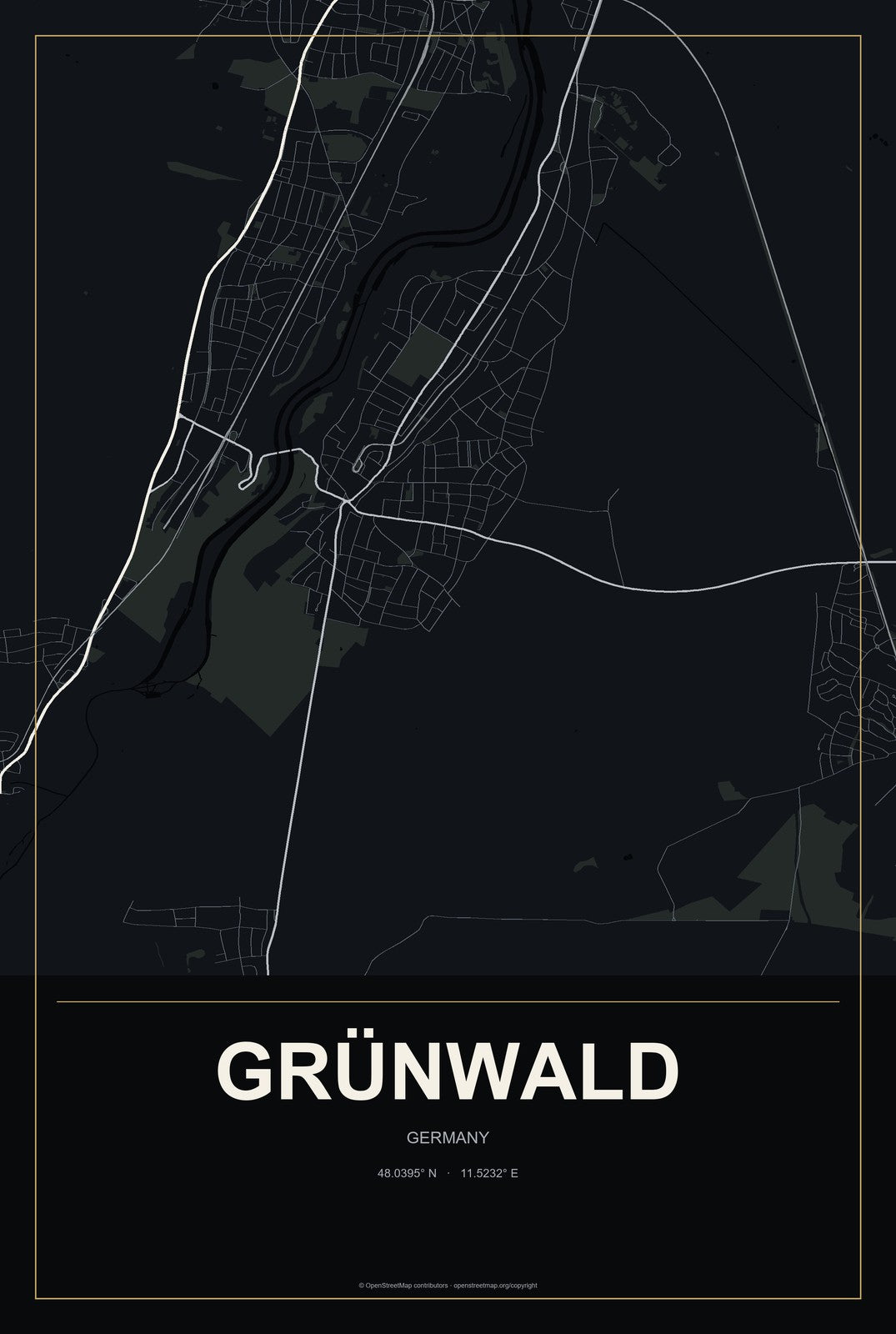 Grünwald, Germany City Map Aluminum Sign in Metropolitan Noir style