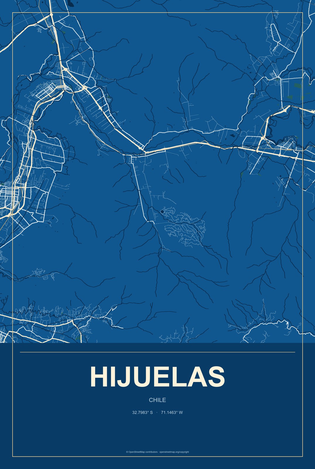 Hijuelas, Chile City Map Aluminum Sign in Harbor Cobalt style