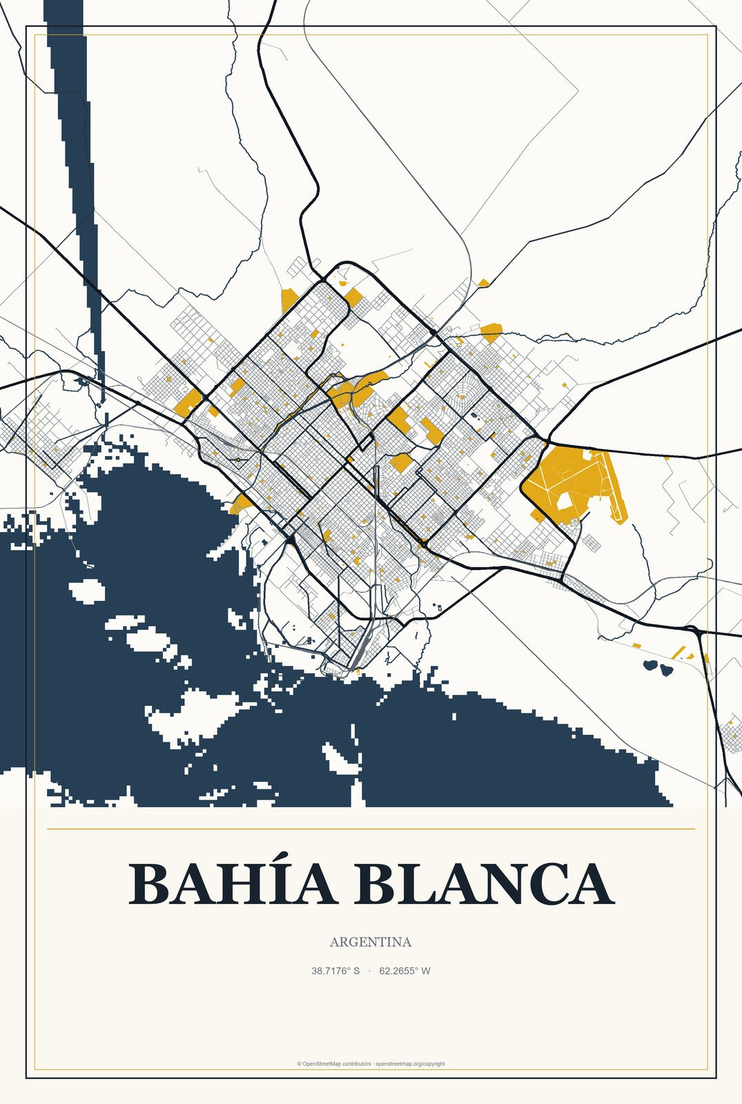 Bahía Blanca, Argentina City Map Aluminum Sign in Citrine Modern style