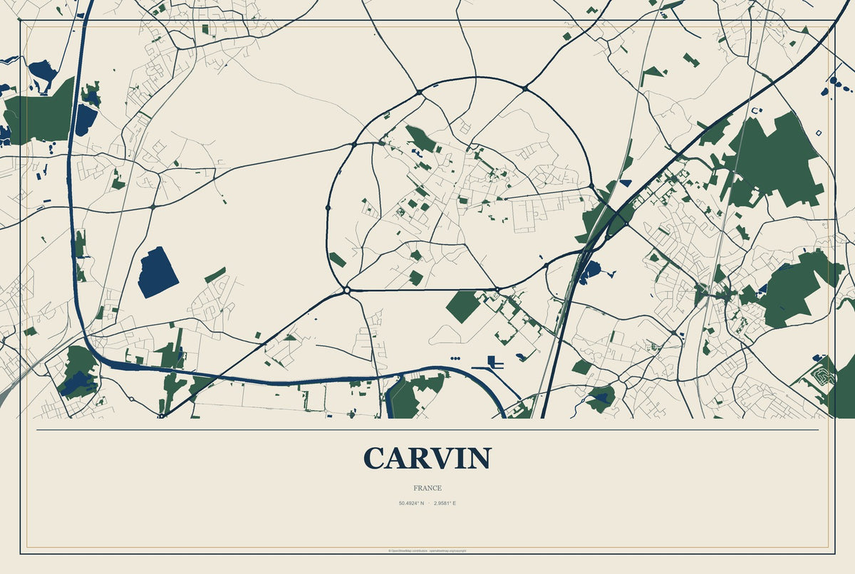Carvin, France City Map Aluminum Sign in Coastal Cutout style