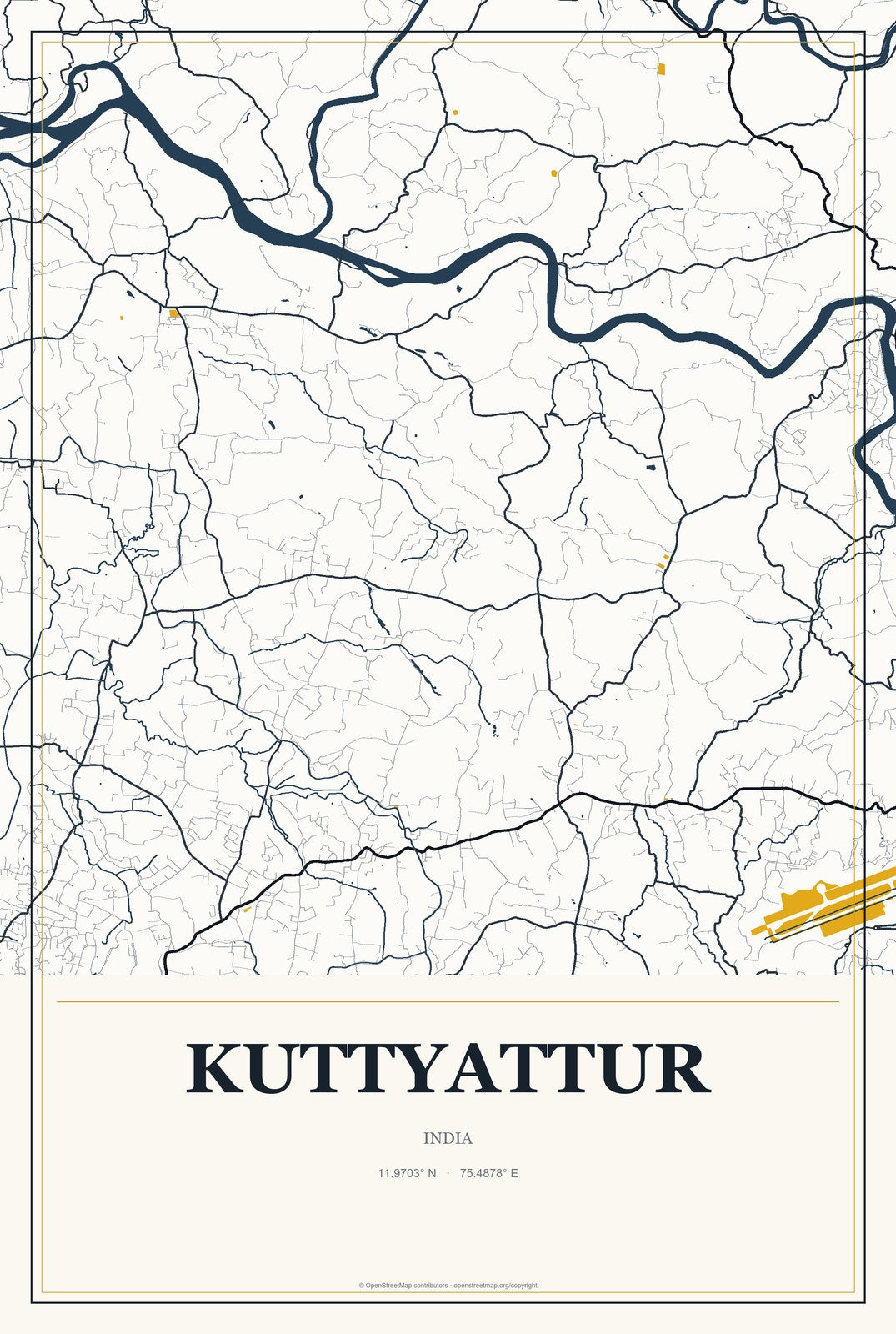 Kuttyattur, India City Map Aluminum Sign in Citrine Modern style