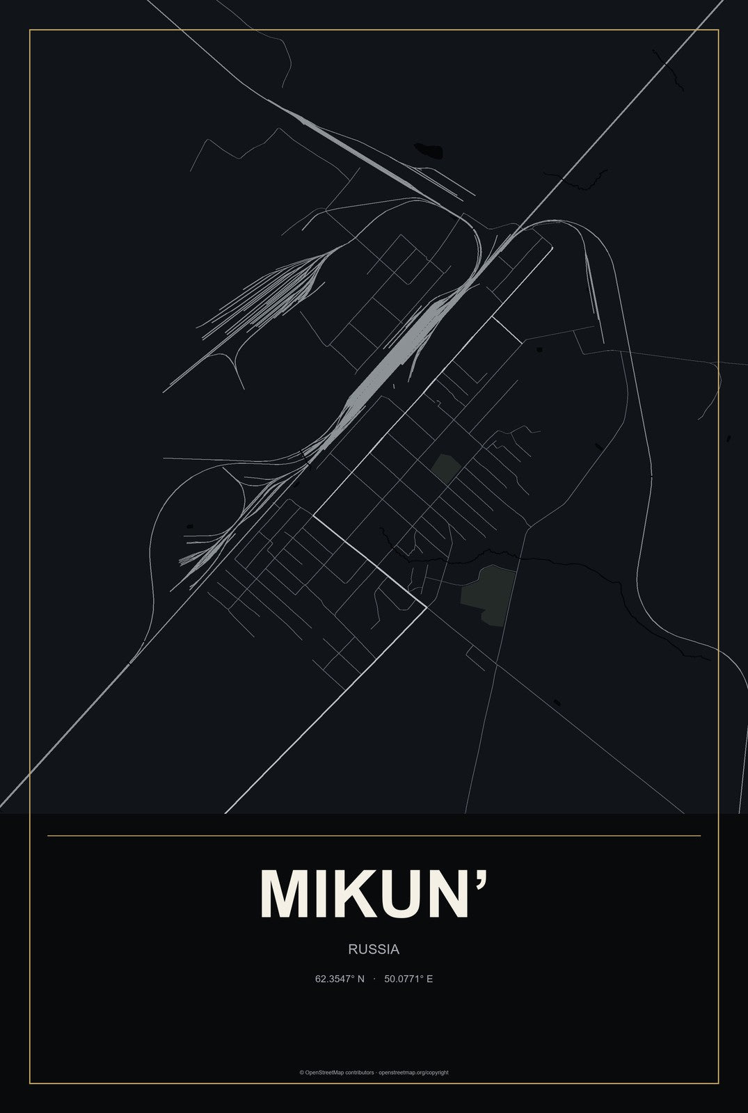 Mikun’, Russia City Map Aluminum Sign in Metropolitan Noir style