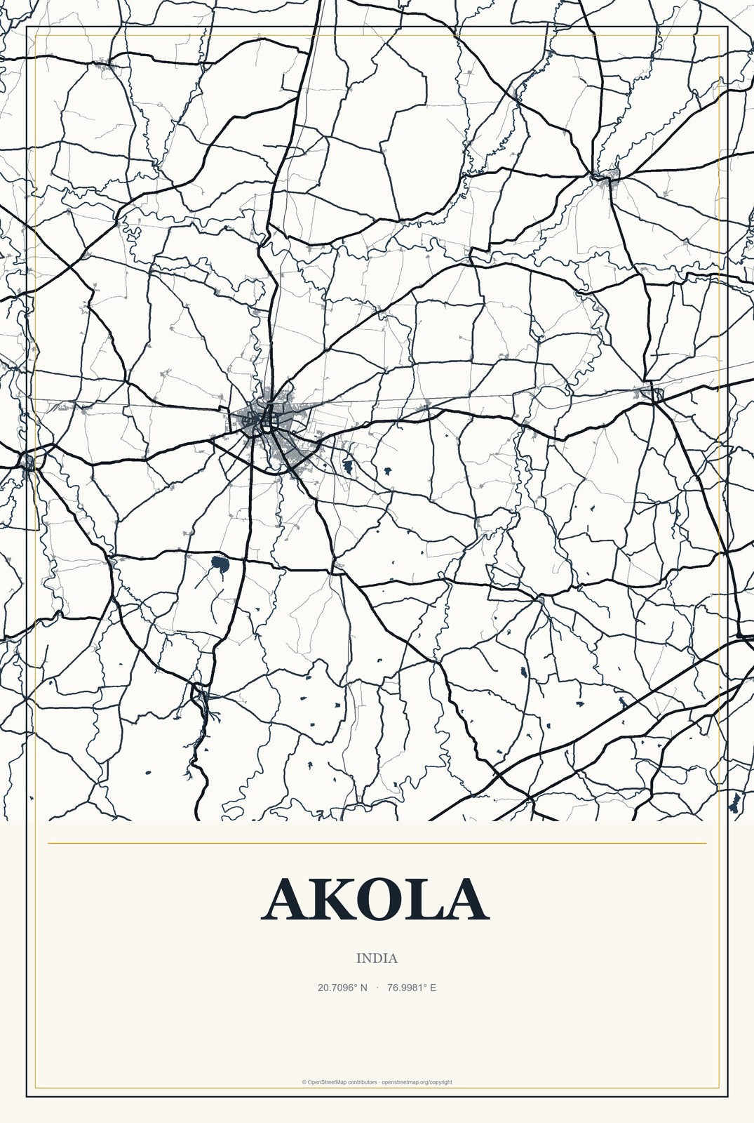 Akola, India City Map Aluminum Sign in Citrine Modern style