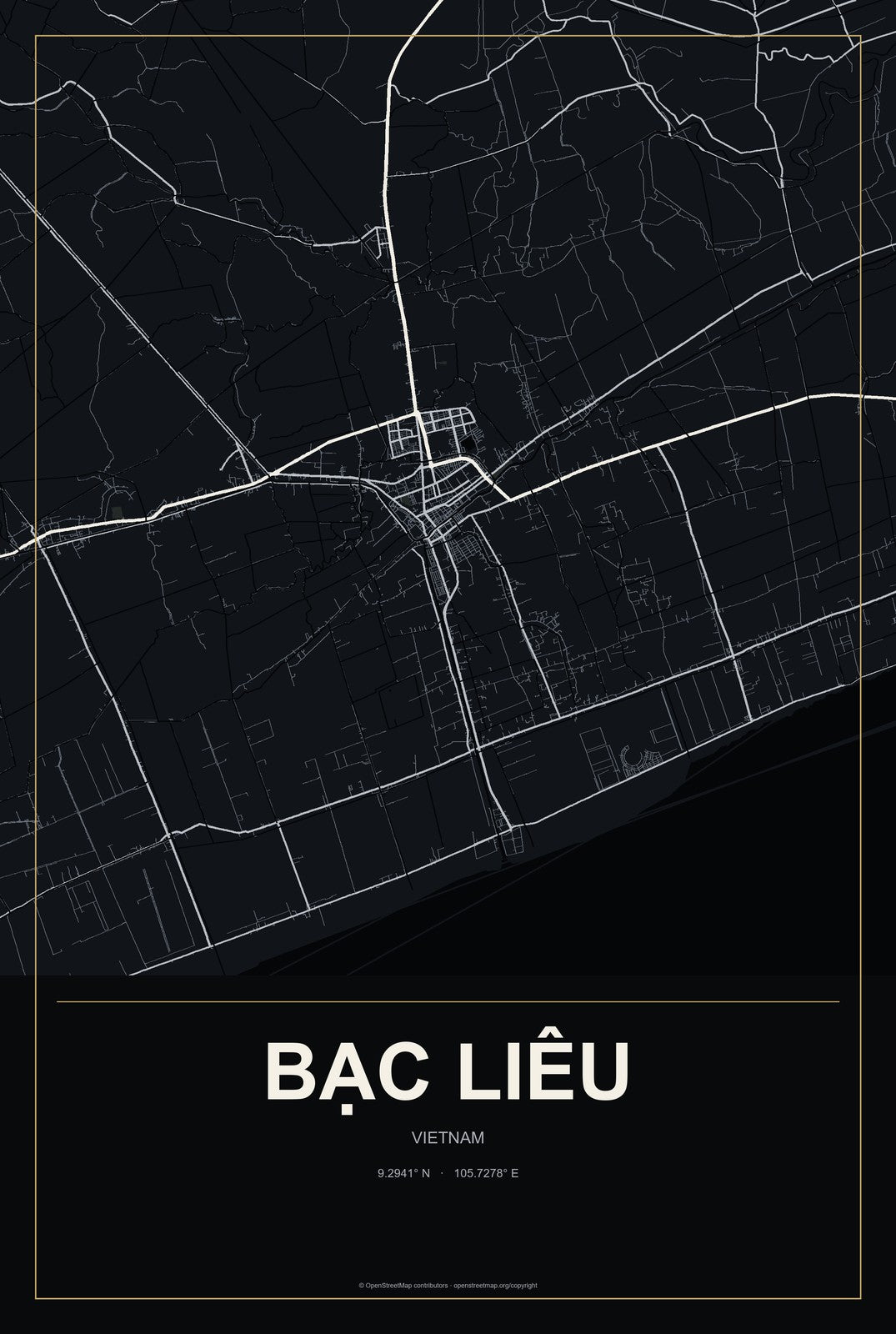 Bạc Liêu, Vietnam City Map Aluminum Sign in Metropolitan Noir style