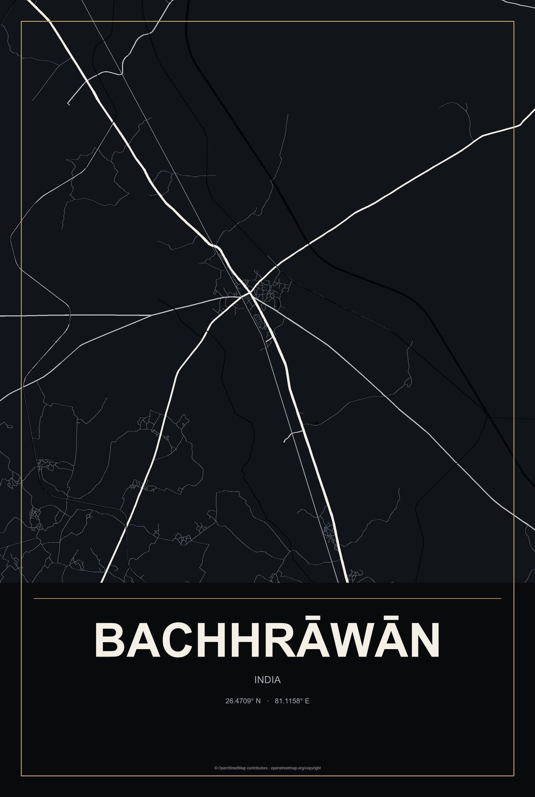 Bachhrāwān, India City Map Aluminum Sign in Metropolitan Noir style