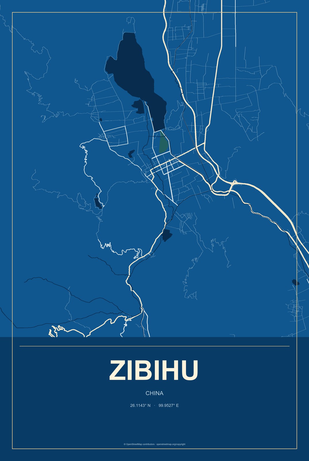Zibihu, China City Map Aluminum Sign in Harbor Cobalt style
