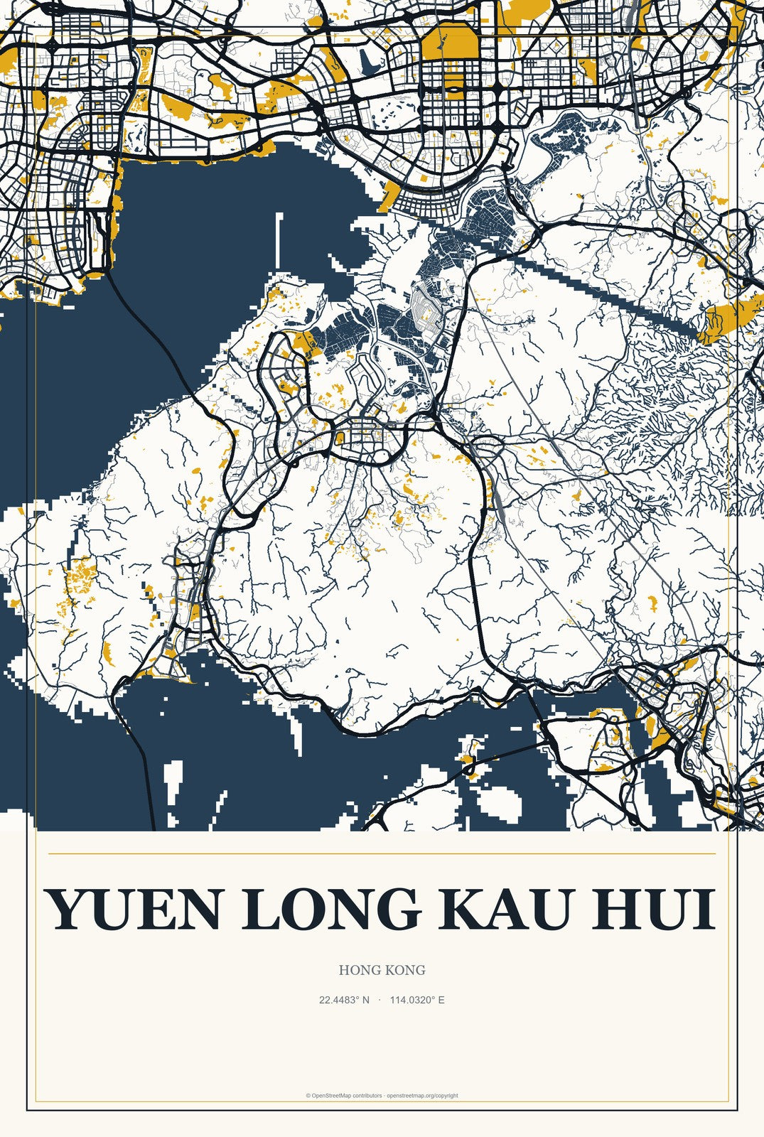 Yuen Long Kau Hui, Hong Kong City Map Aluminum Sign in Citrine Modern style