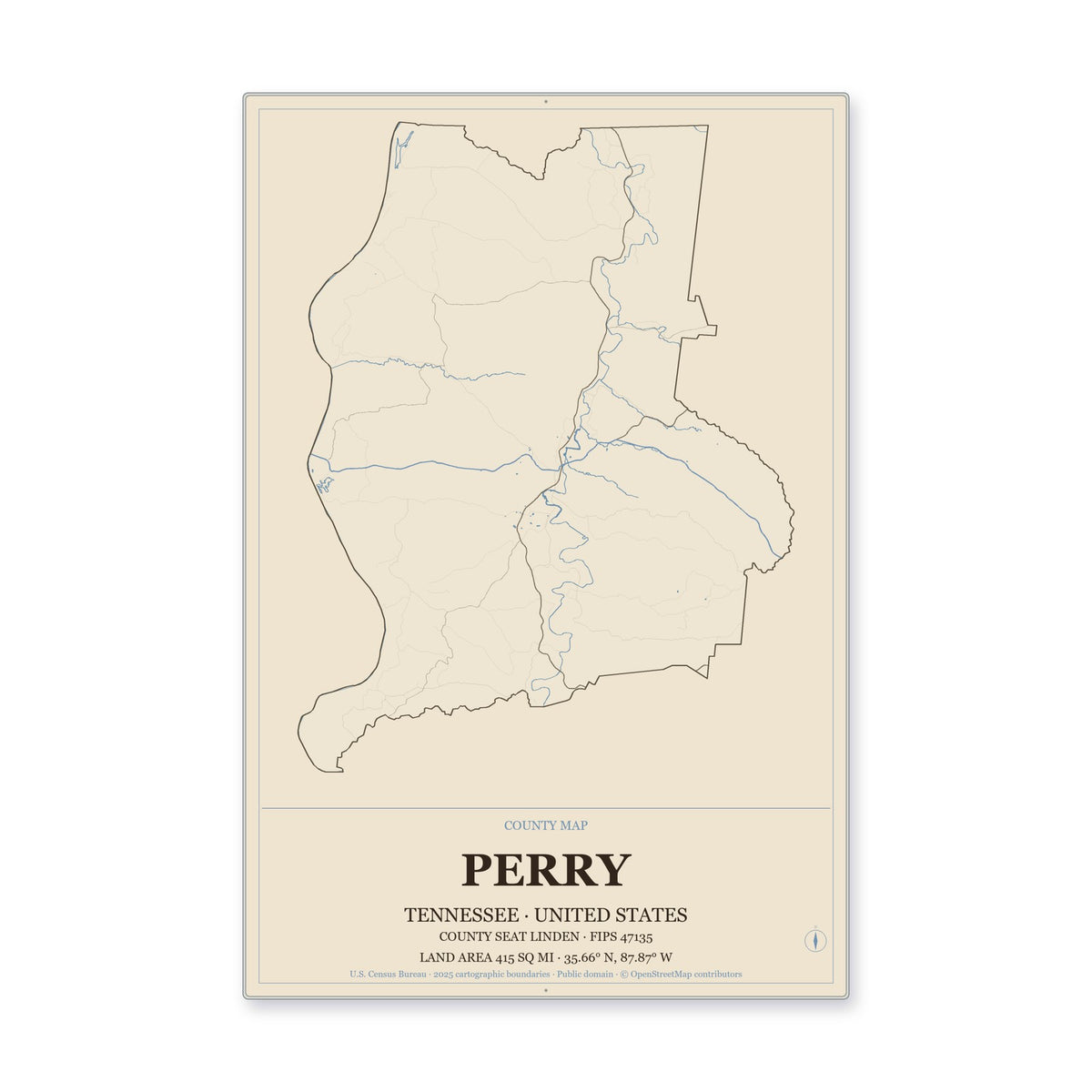 Perry County, Tennessee Map Aluminum Sign in Heritage Nautical style