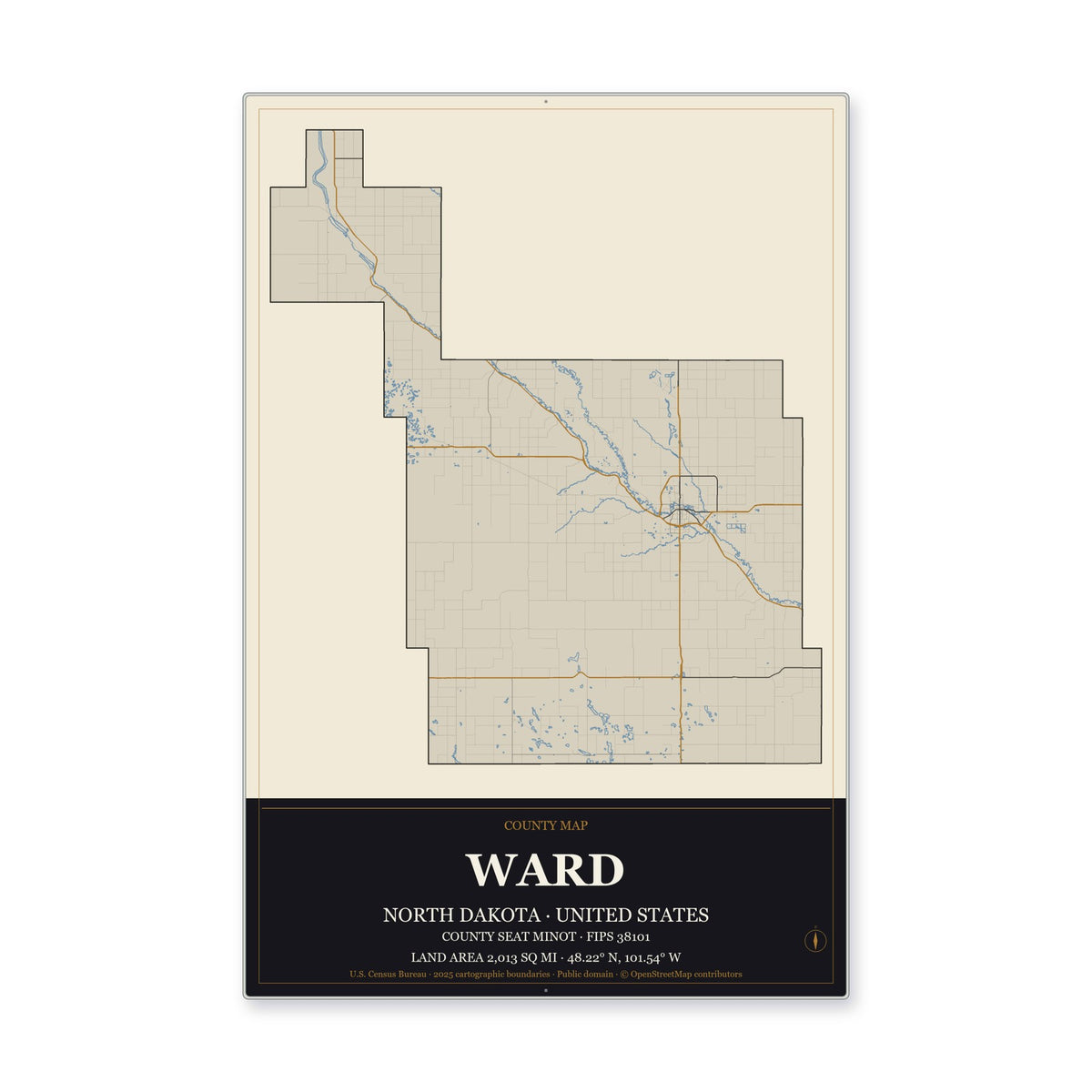 Ward County, North Dakota Map Aluminum Sign in Museum Plaque style