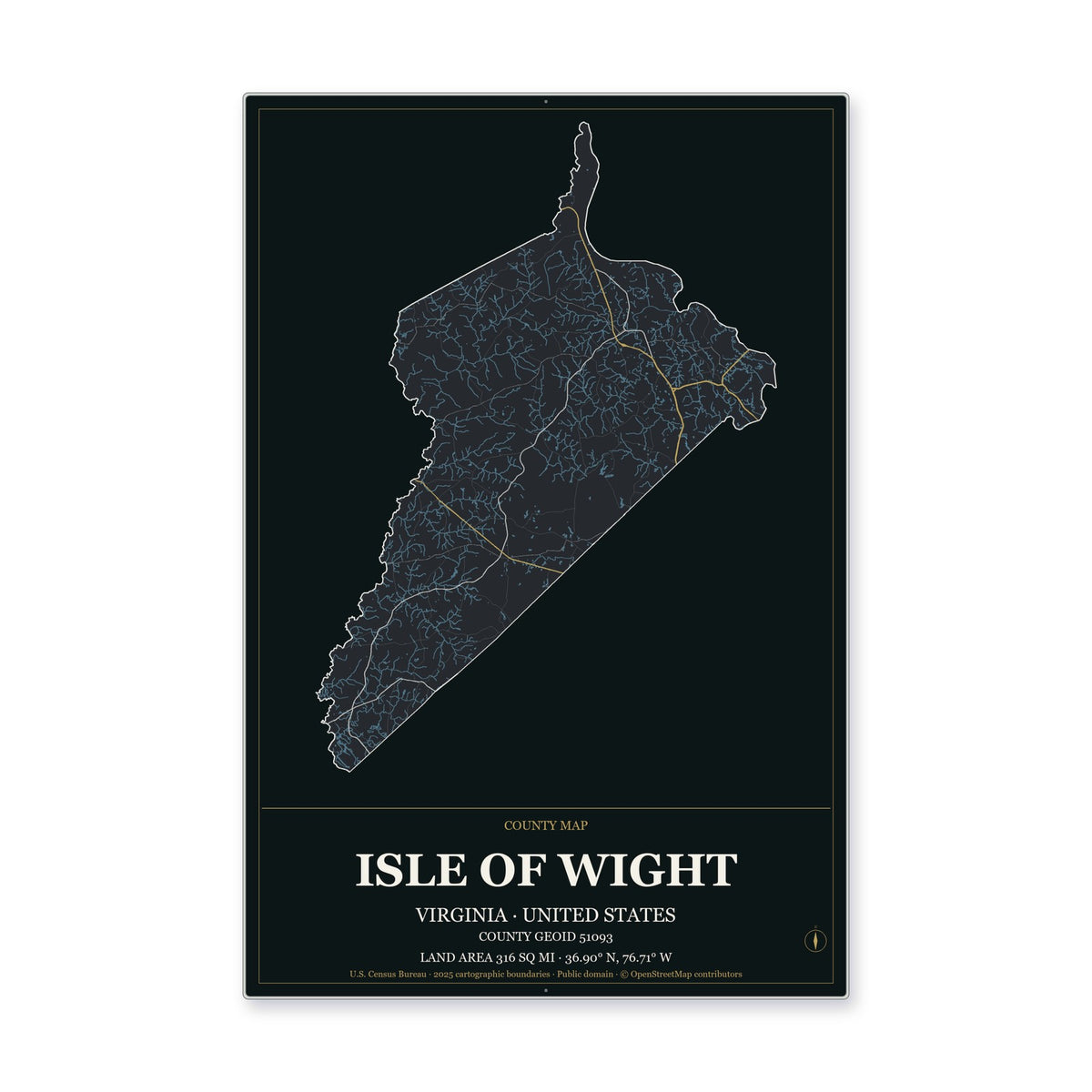 Isle of Wight County, Virginia Map Aluminum Sign in Metropolitan Noir style