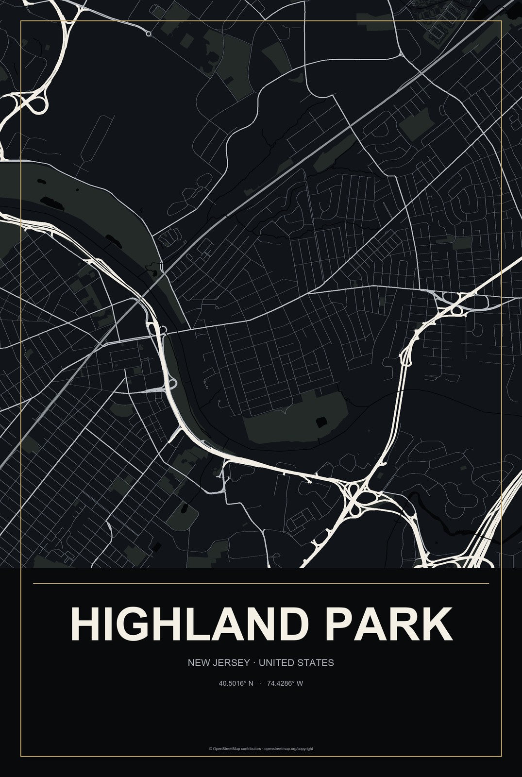 Highland Park, New Jersey City Map Aluminum Sign in Metropolitan Noir style