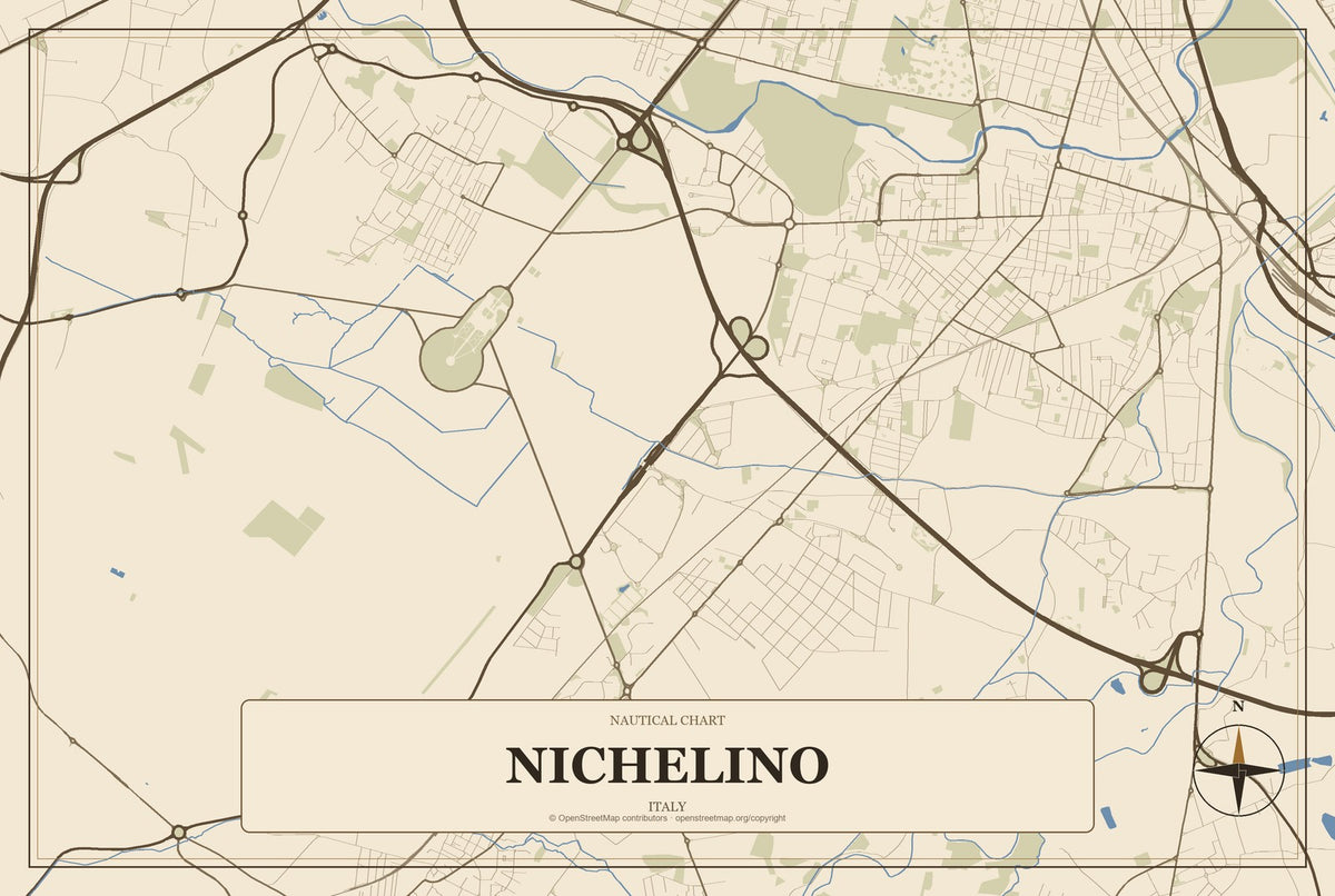Nichelino, Italy City Map Aluminum Sign in Heritage Nautical style