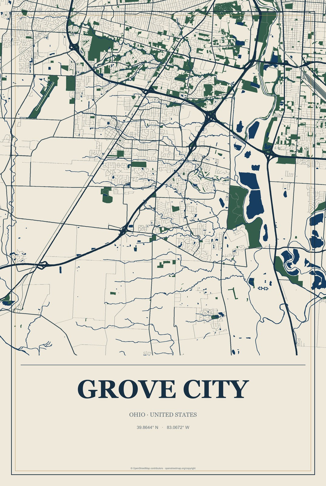 Grove City, Ohio City Map Aluminum Sign in Coastal Cutout style