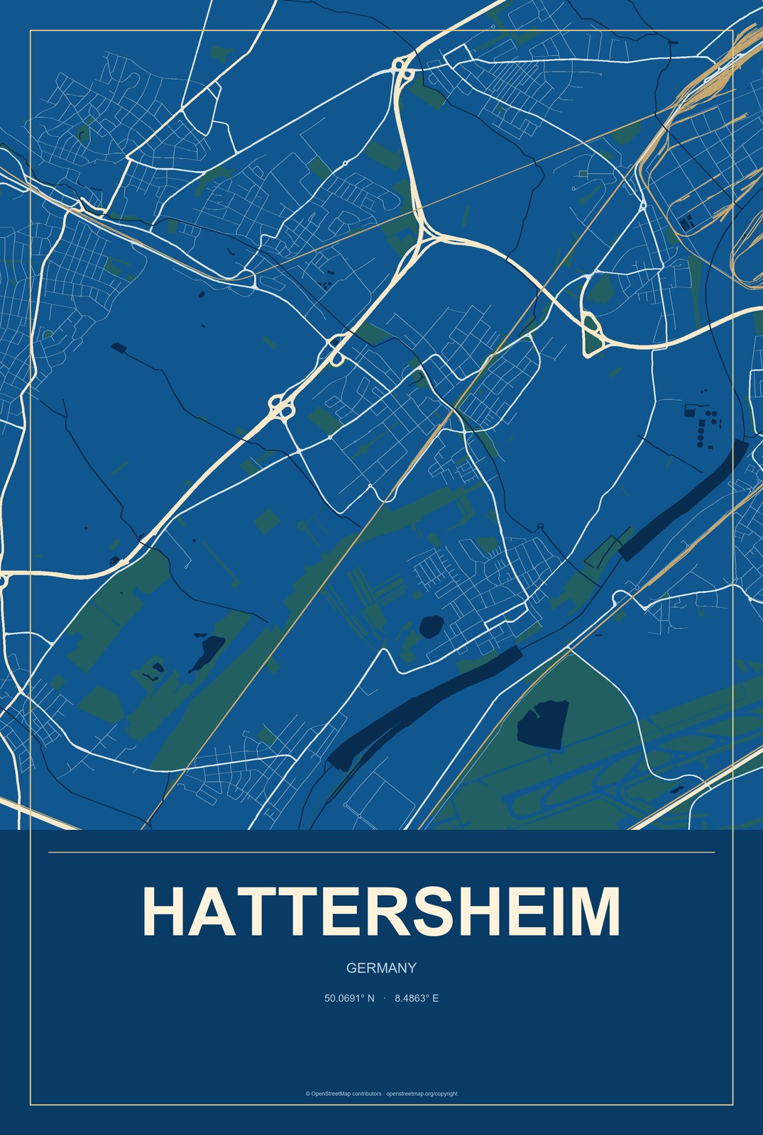 Hattersheim, Germany City Map Aluminum Sign in Harbor Cobalt style