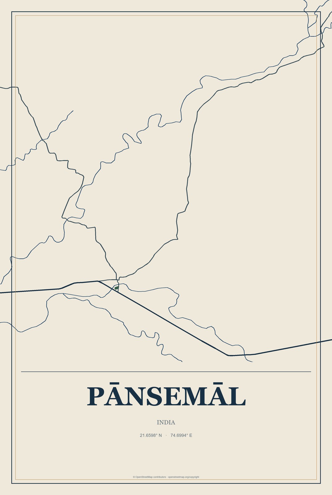 Pānsemāl, India City Map Aluminum Sign in Coastal Cutout style
