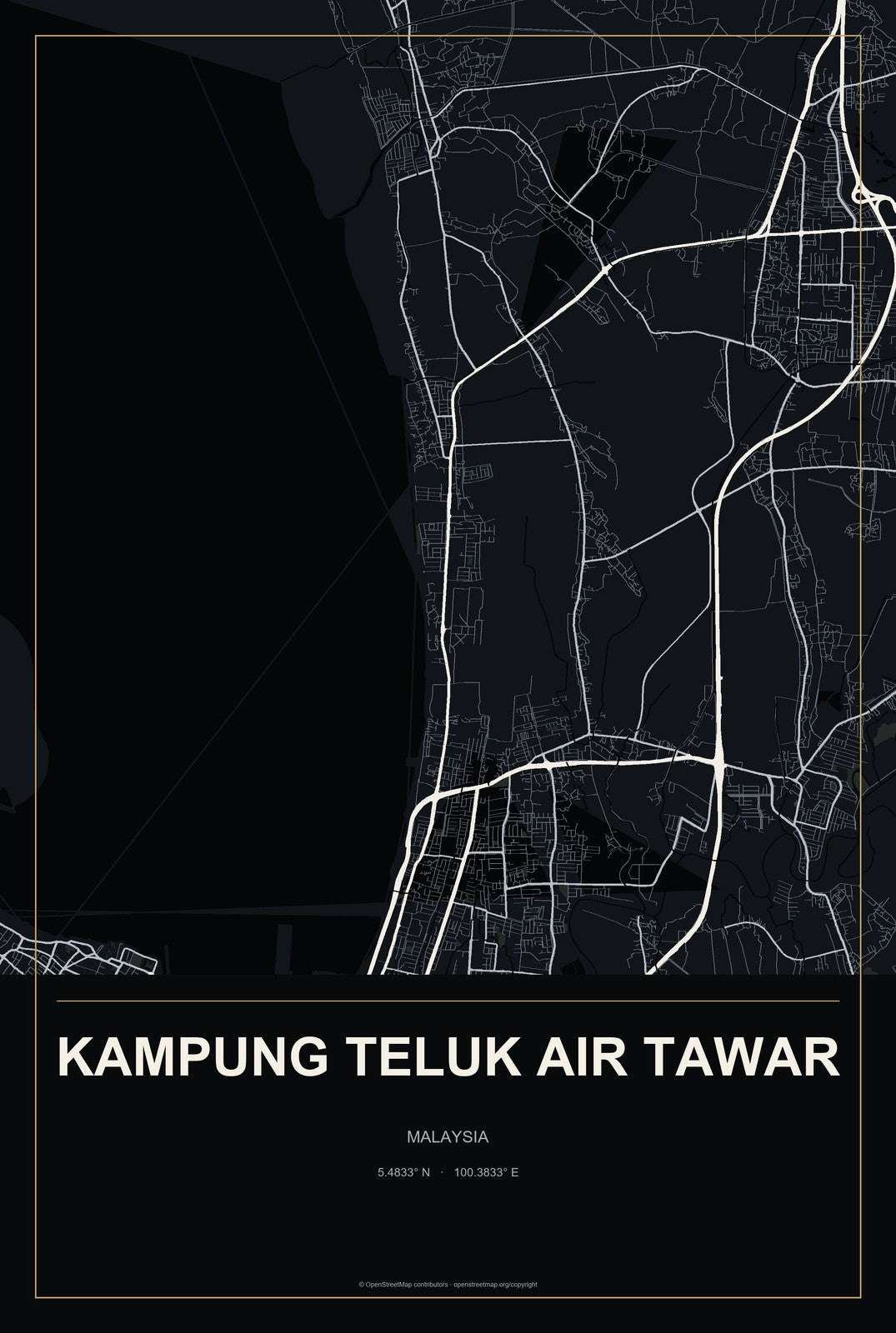 Kampung Teluk Air Tawar, Malaysia City Map Aluminum Sign in Metropolitan Noir style