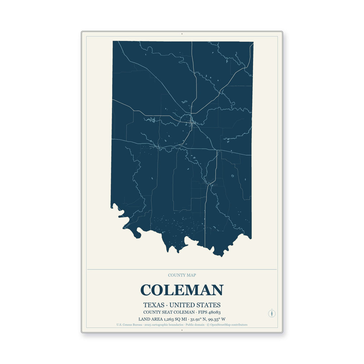 Coleman County, Texas Map Aluminum Sign in Coastal Cutout style