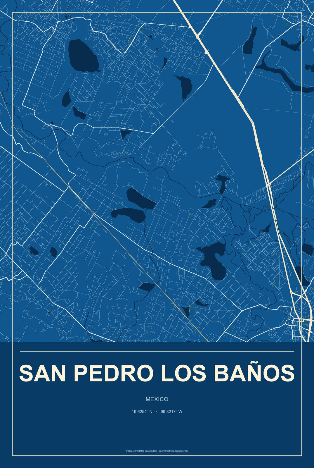 San Pedro Los Baños, Mexico City Map Aluminum Sign in Harbor Cobalt style