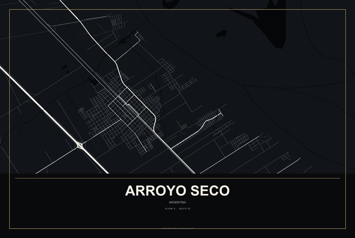 Arroyo Seco, Argentina City Map Aluminum Sign in Metropolitan Noir style