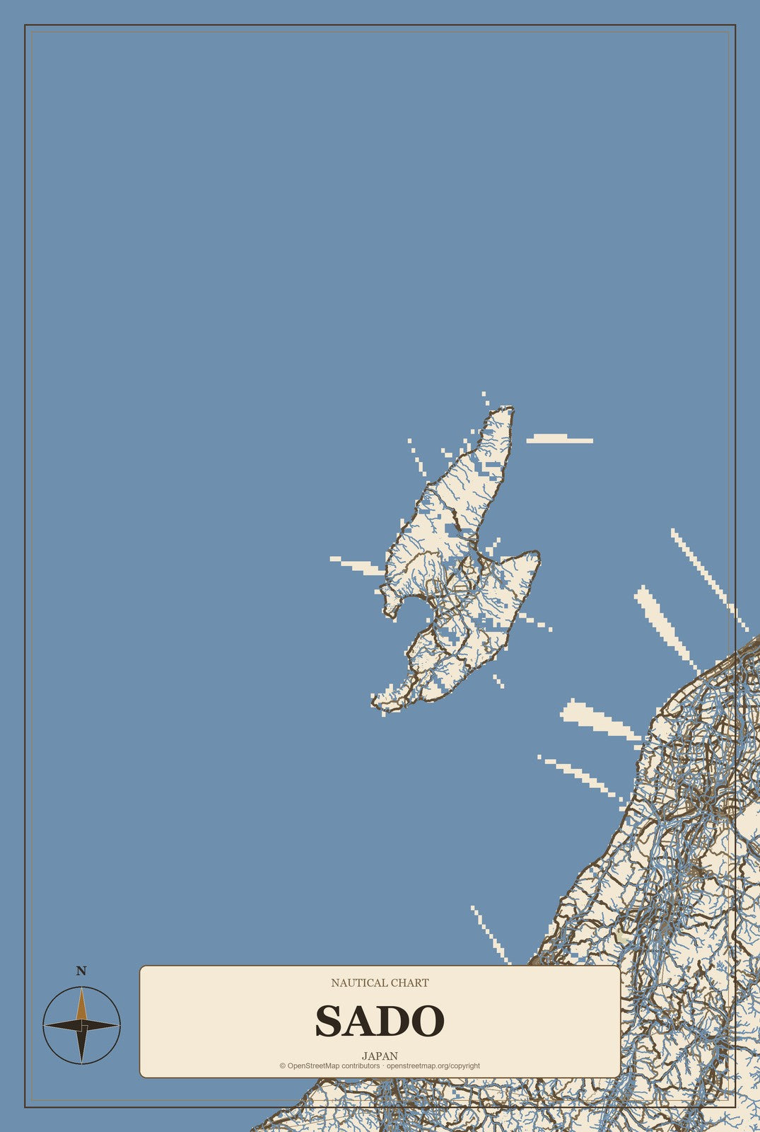 Sado, Japan City Map Aluminum Sign in Heritage Nautical style