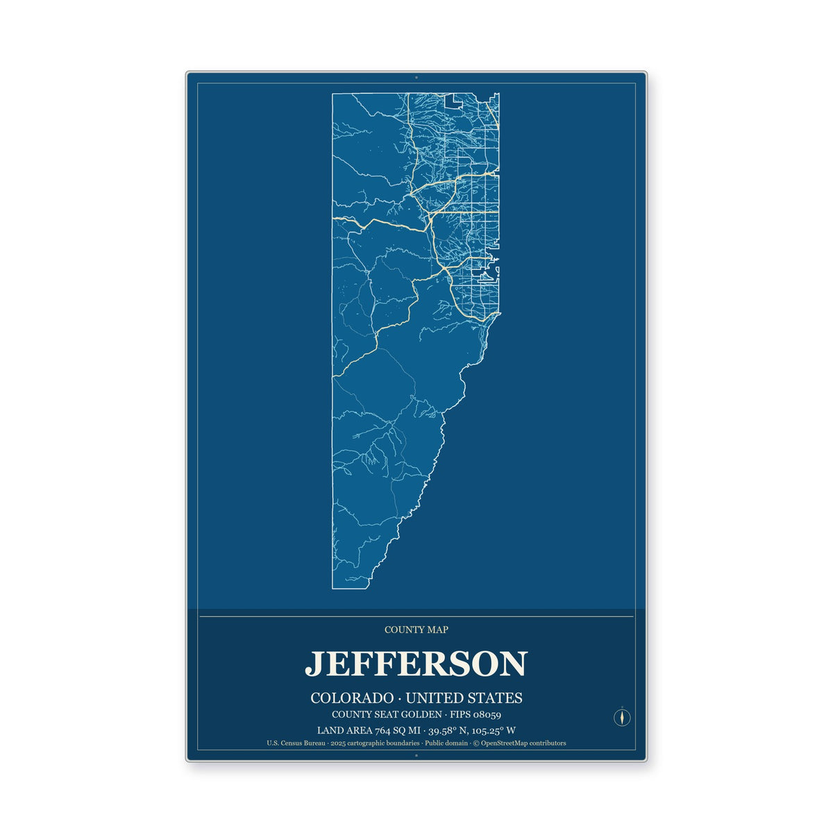 Jefferson County, Colorado Map Aluminum Sign in Harbor Cobalt style