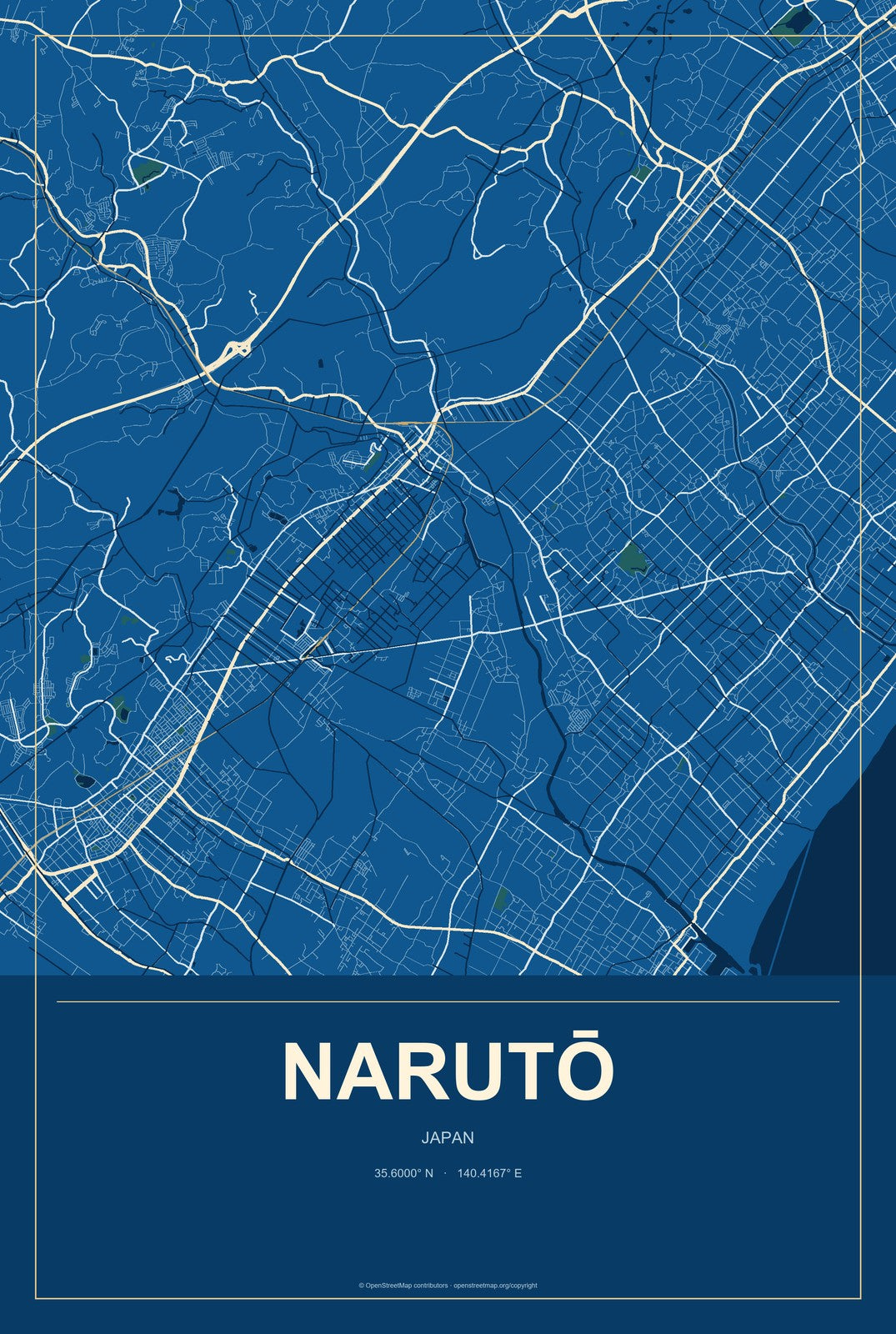 Narutō, Japan City Map Aluminum Sign in Harbor Cobalt style