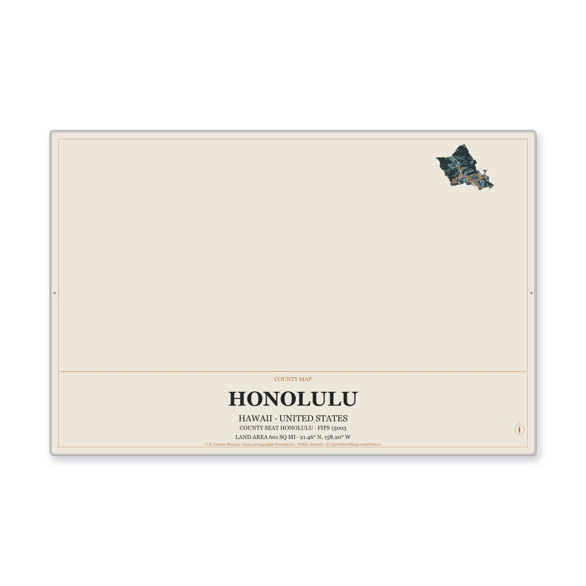 Honolulu County, Hawaii Map Aluminum Sign in Headline Atlas style