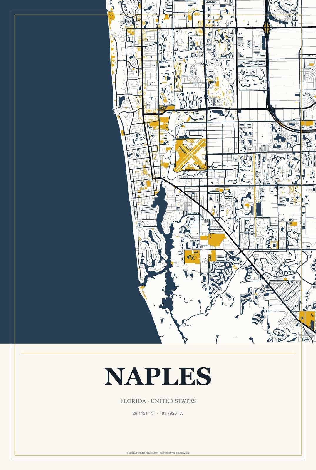 Naples, Florida City Map Aluminum Sign in Citrine Modern style