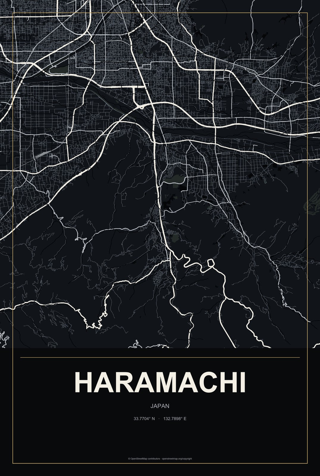 Haramachi, Japan City Map Aluminum Sign in Metropolitan Noir style
