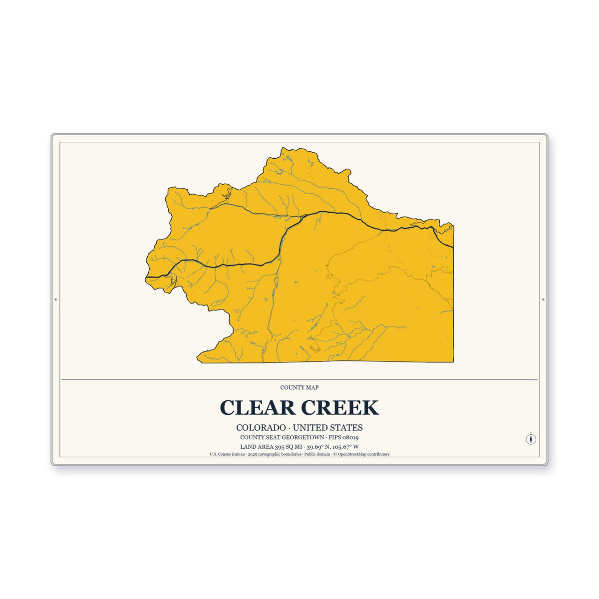 Clear Creek County, Colorado Map Aluminum Sign in Citrine Modern style
