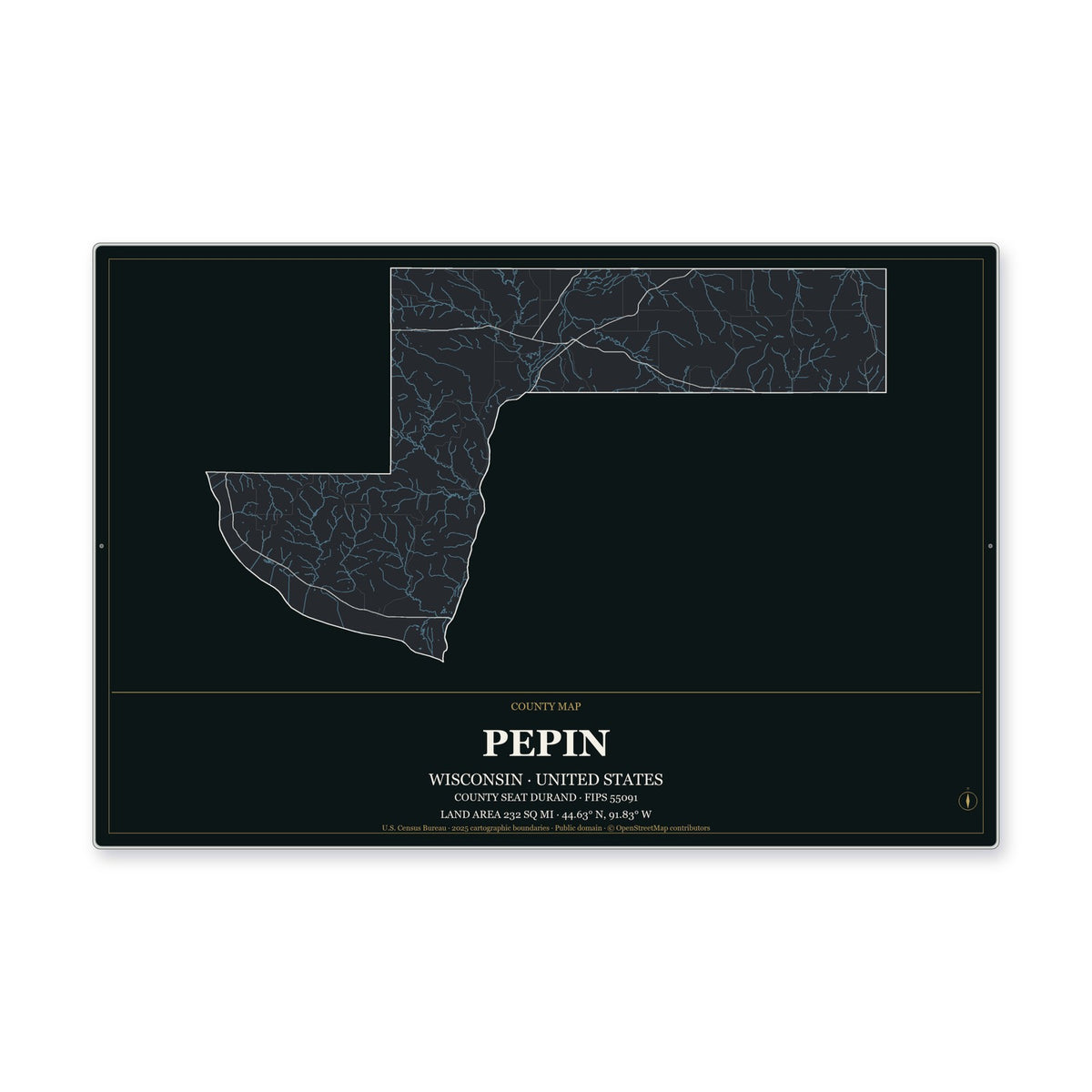 Pepin County, Wisconsin Map Aluminum Sign in Metropolitan Noir style