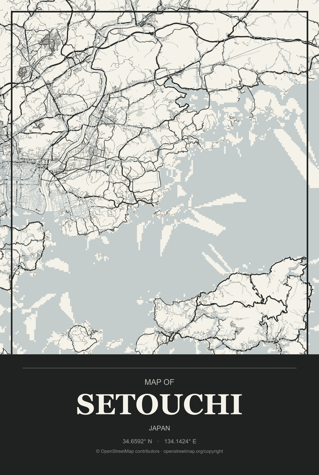 Setouchi, Japan City Map Aluminum Sign in Museum Plaque style