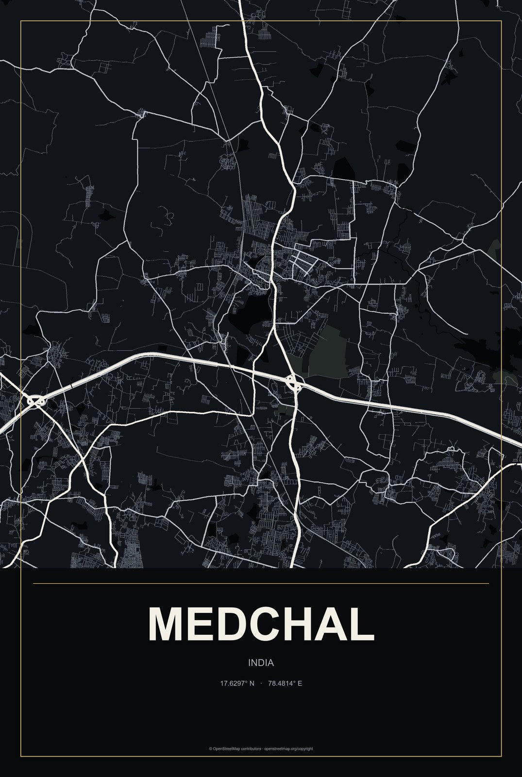 Medchal, India City Map Aluminum Sign in Metropolitan Noir style