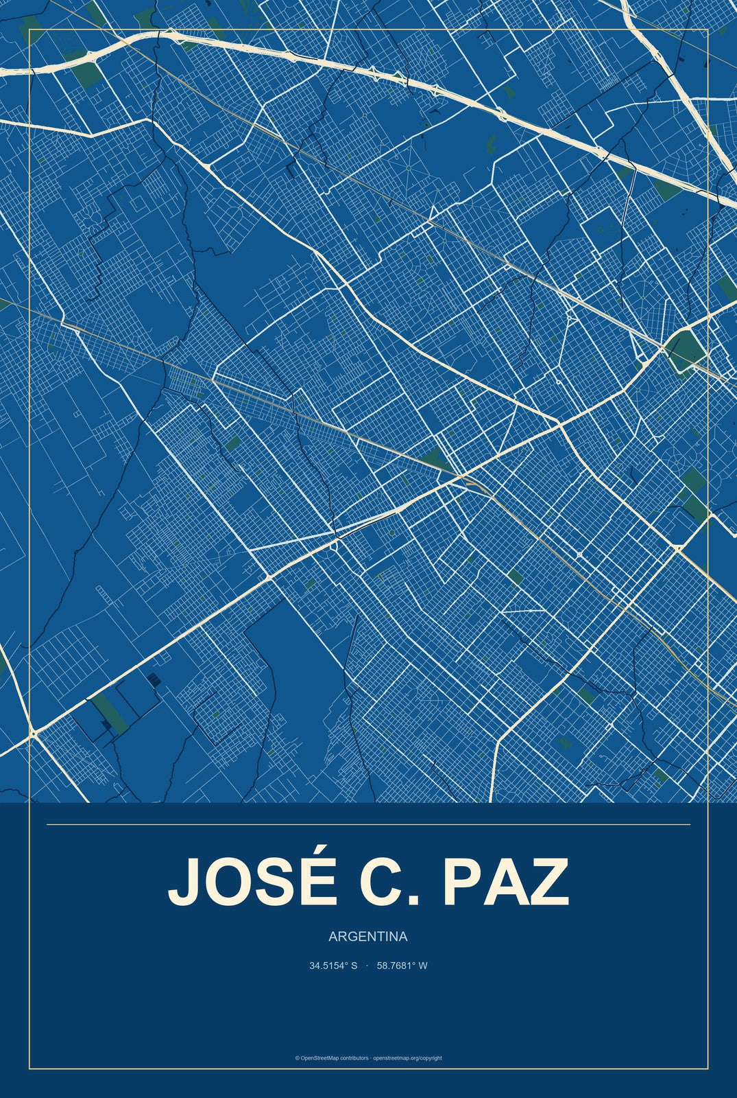 José C. Paz, Argentina City Map Aluminum Sign in Harbor Cobalt style