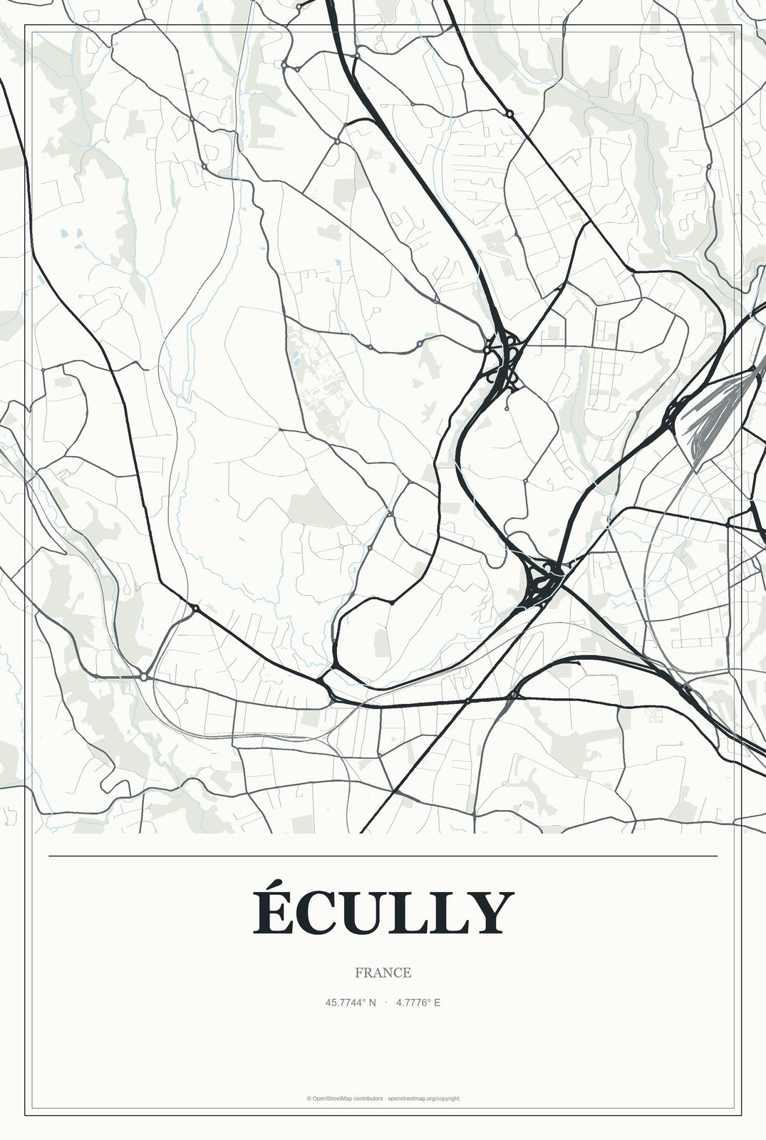 Écully, France City Map Aluminum Sign in Gallery Air style