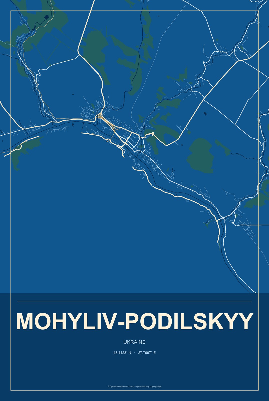 Mohyliv-Podilskyy, Ukraine City Map Aluminum Sign in Harbor Cobalt style