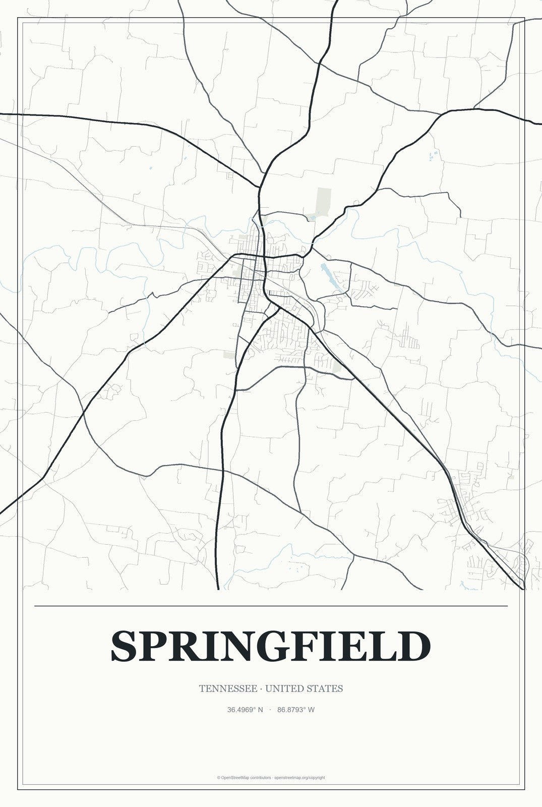 Springfield, Tennessee City Map Aluminum Sign in Gallery Air style