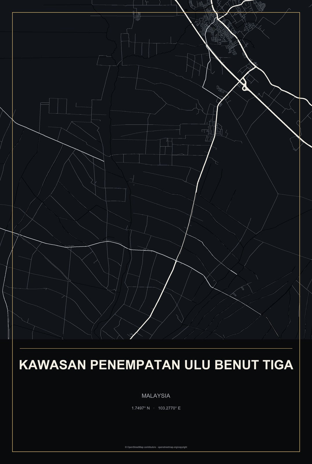 Kawasan Penempatan Ulu Benut Tiga, Malaysia City Map Aluminum Sign in Metropolitan Noir style