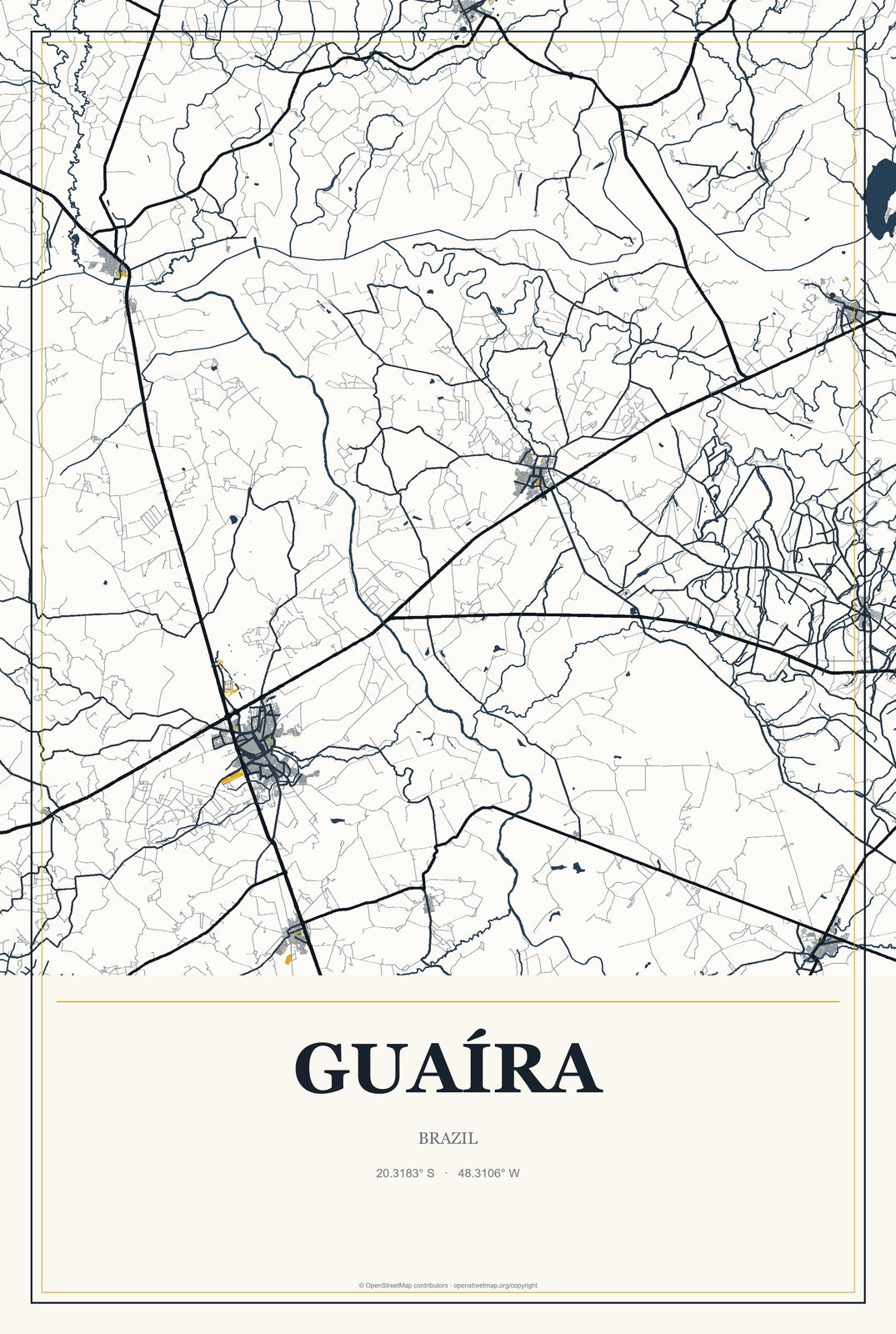 Guaíra, Paraná, Brazil City Map Aluminum Sign in Citrine Modern style