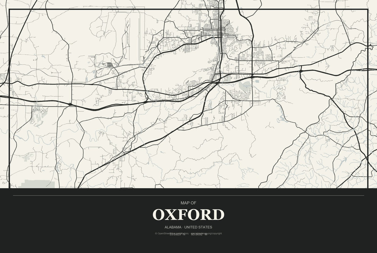 Oxford, Alabama City Map Aluminum Sign in Museum Plaque style